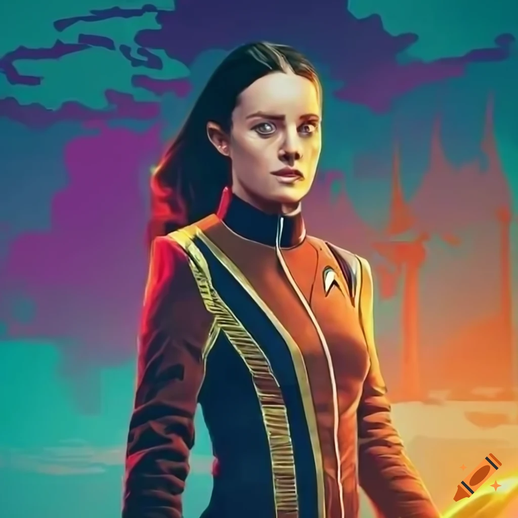 Star Trek Discovery poster with Captain and First Officer battling Metatron in vibrant isometric view