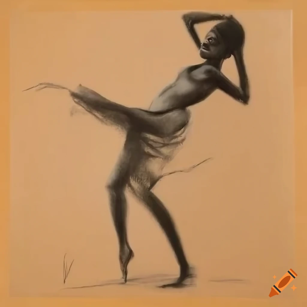 Charcoal drawing of African tribe woman dancing with grace