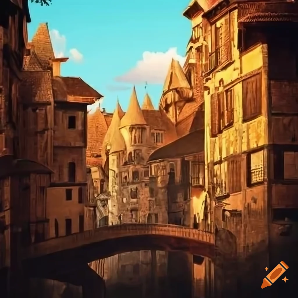 Medieval city with seven bridges and houses and shops