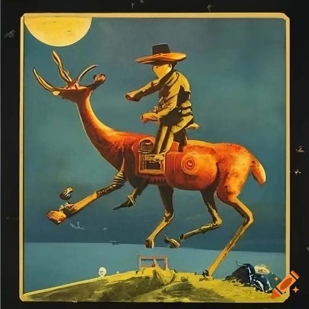 Vintage Soviet Tarot Card poster with a western spy on an electric iron deer robot