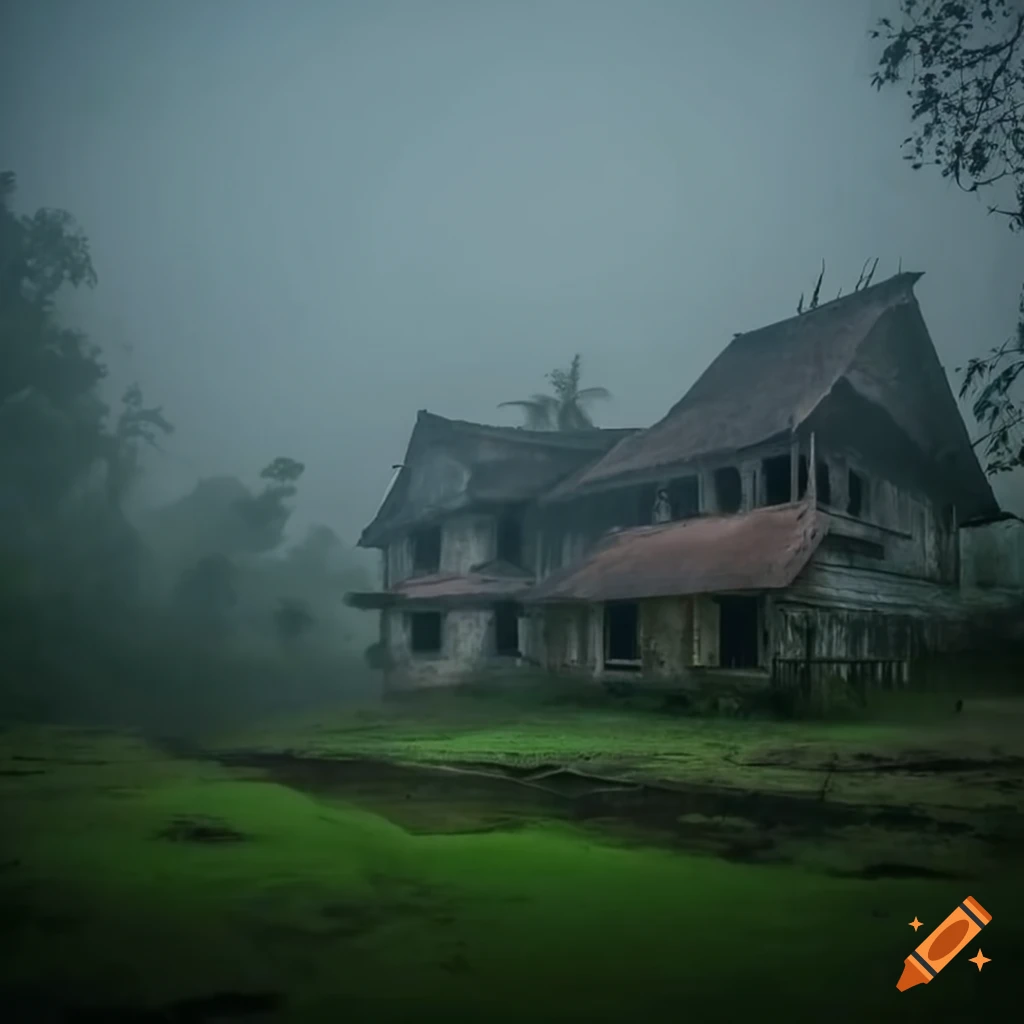 Eerie abandoned house in a foggy rural Kerala-style setting