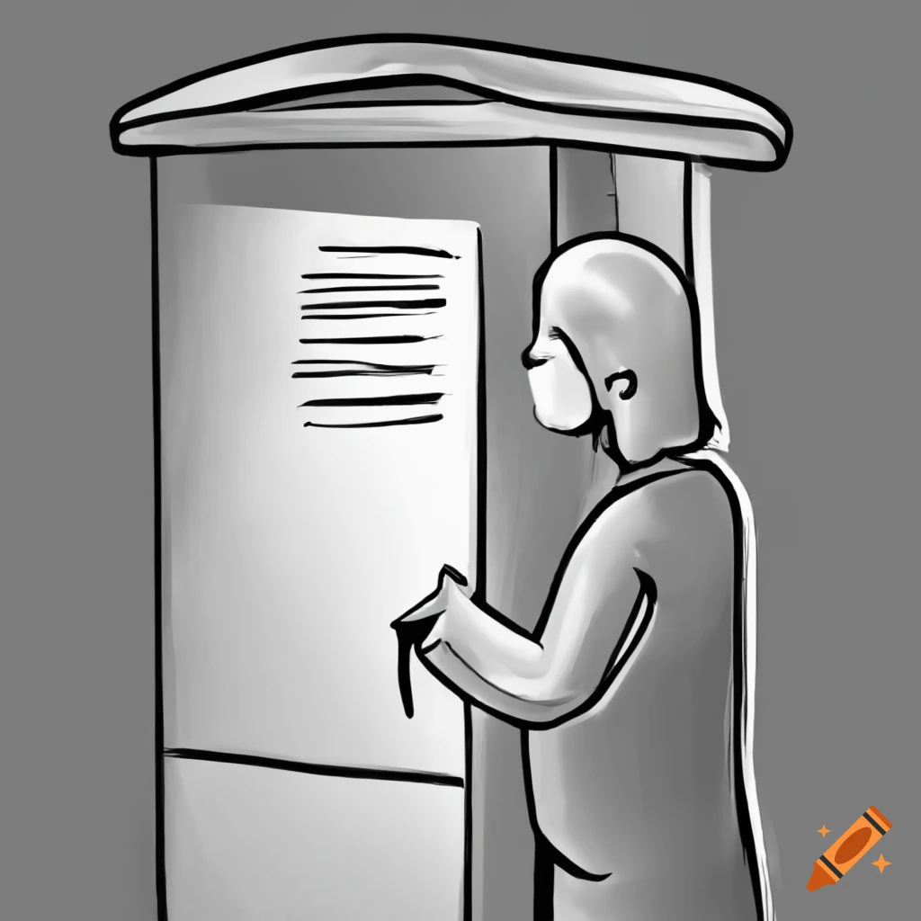 Person entering a voting lectern to vote in black and white