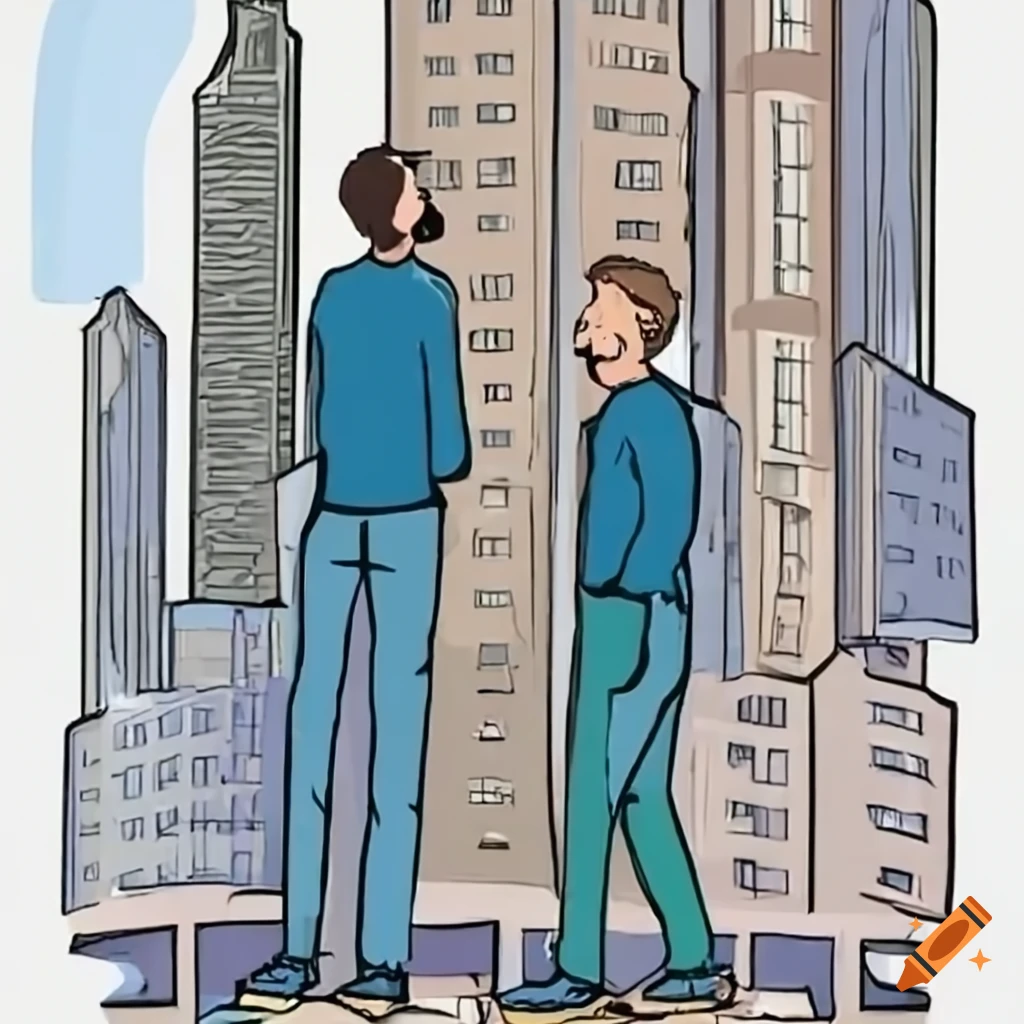 Two intrigued men looking at a skyscraper