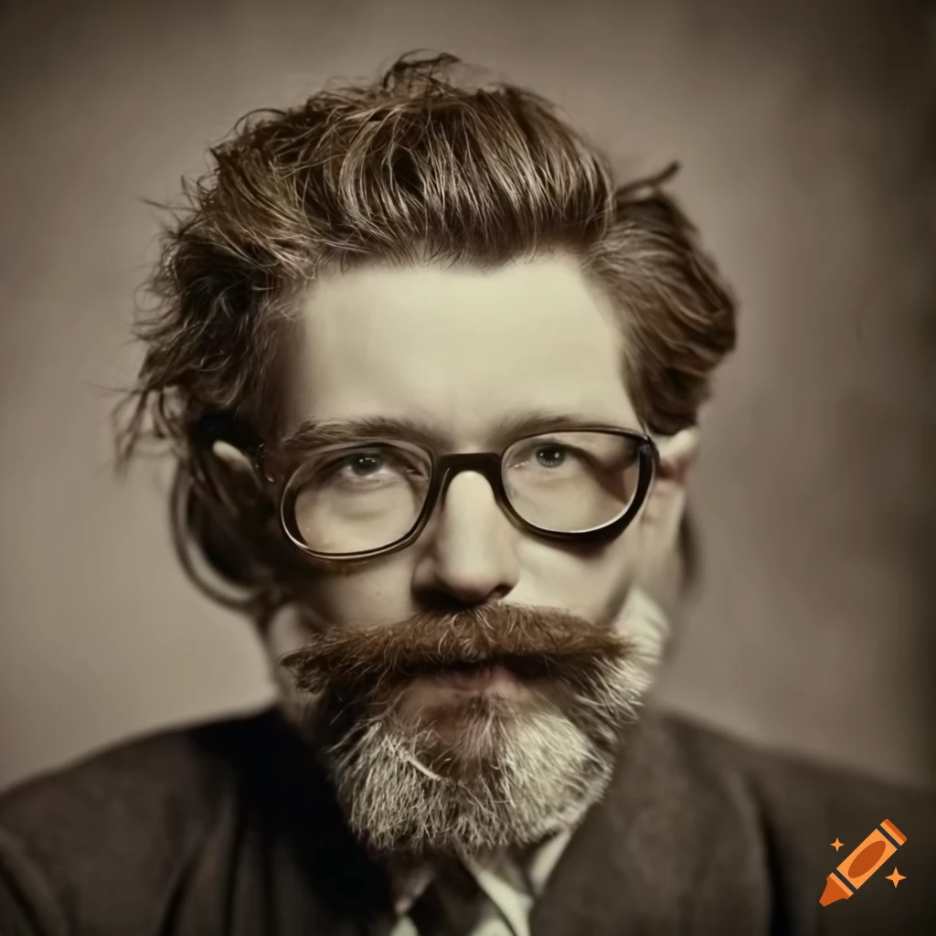 Man with a scruffy appearance in 1920s attire and glasses