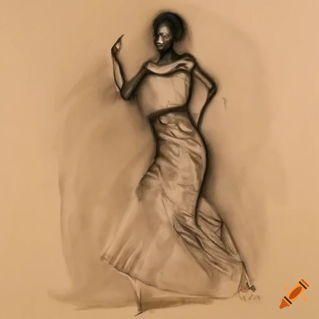 Charcoal drawing of African tribe woman dancing with grace