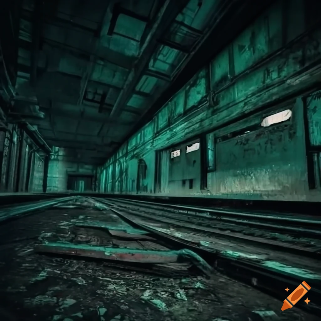 Spooky abandoned subway depot with eerie lighting and purple hue