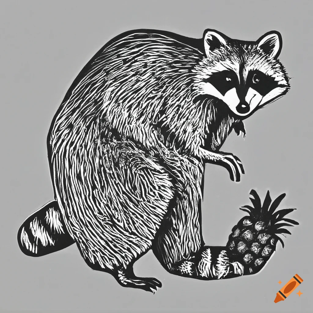 Raccoon holding a pineapple in a linocut print style on white background