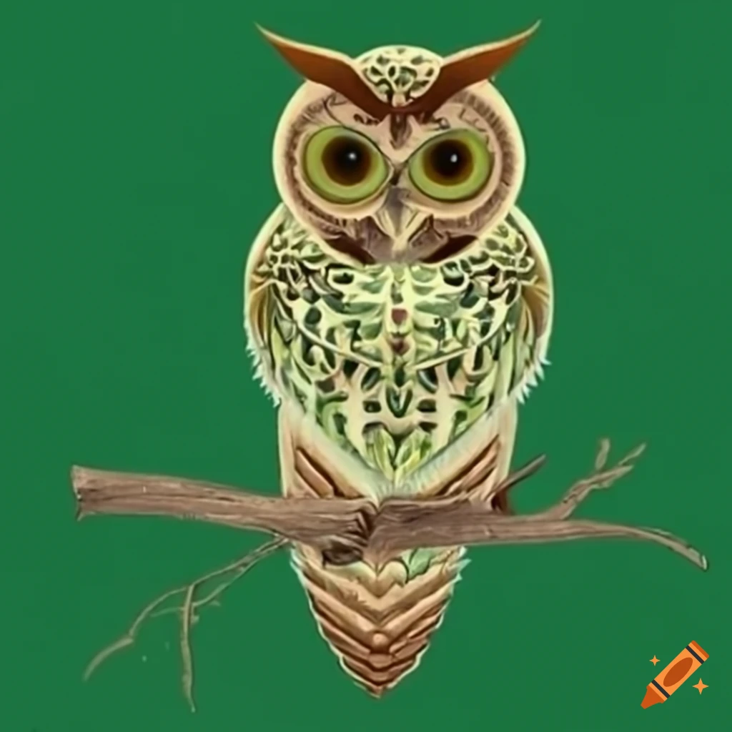 Stunning Art Deco owl on a green fern branch