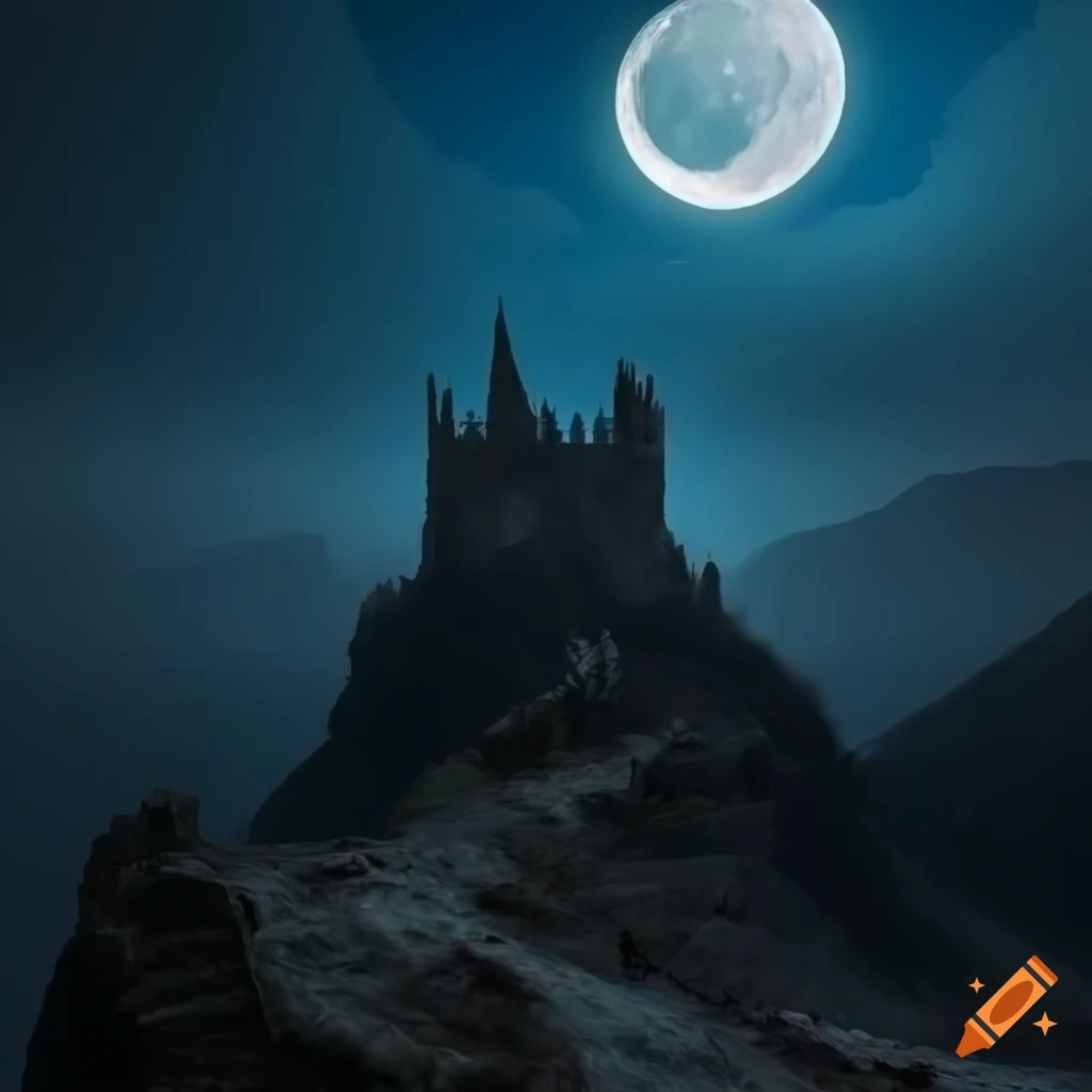 Dark castle on a mountain with moonlight shining through ruins