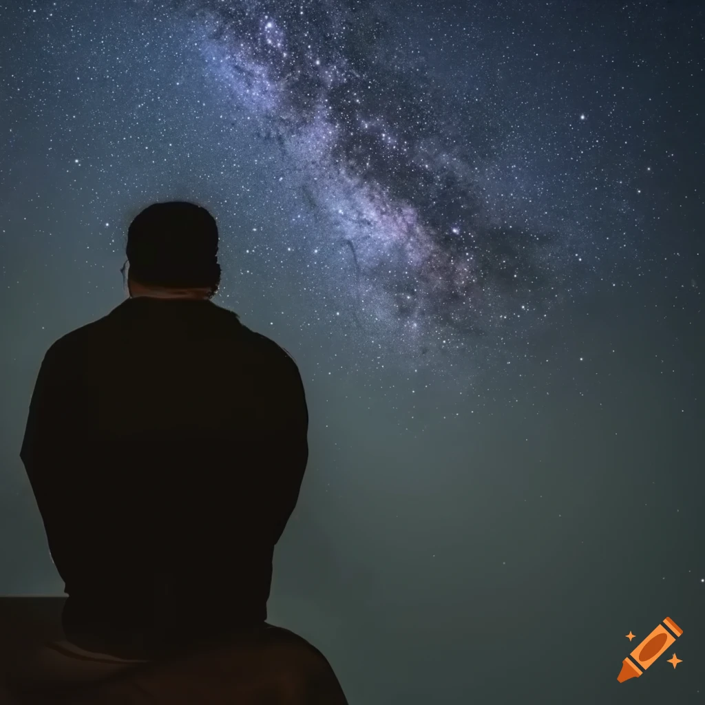 Man contemplating loneliness under starry night sky