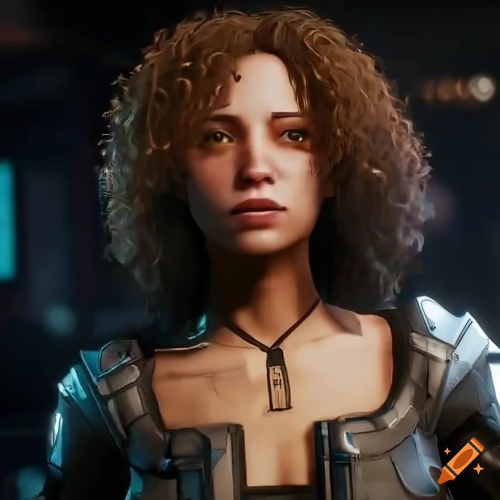 Cyberpunk third person gameplay of a female character in a big corporation with security guards