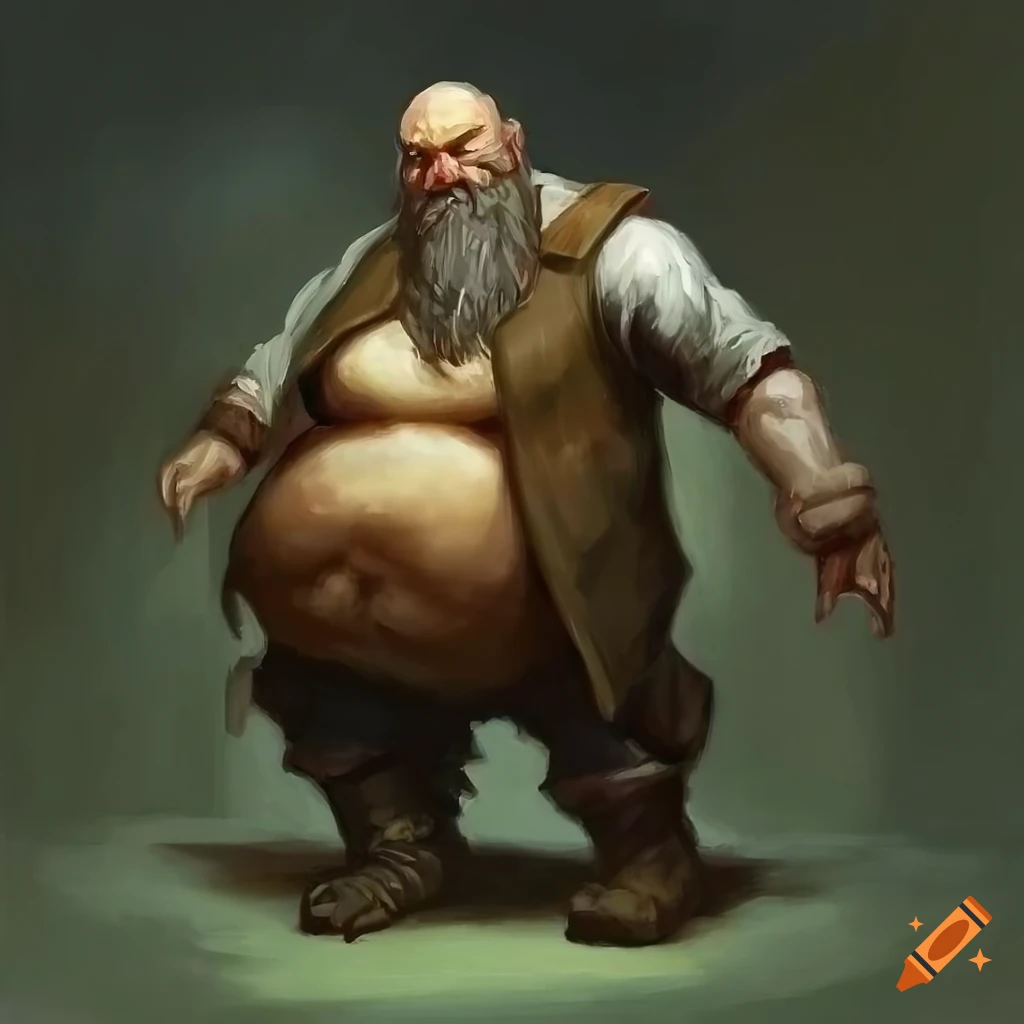 Obese dwarf man with a large belly and long beard in modern clothes, fantasy oil painting