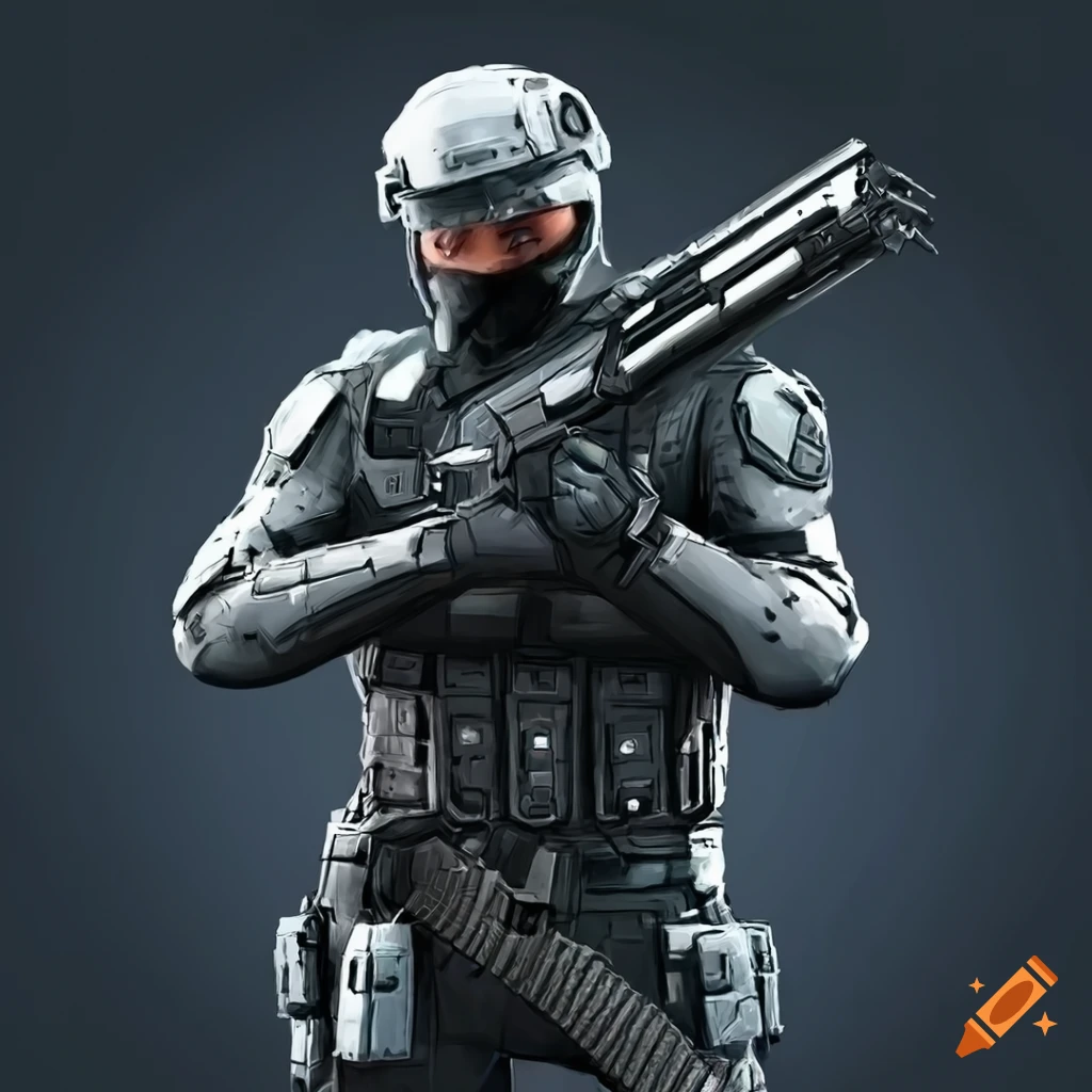 Futuristic sci-fi swat soldier in tactical gear with black sneaking uniform