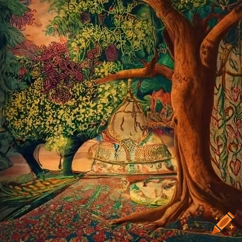 Mango tree in an orchard with peacocks, Turkish embroidered carpet, and open book