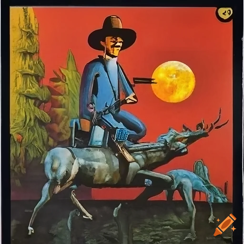 Vintage Soviet Tarot Card poster with a western spy on an electric iron deer robot