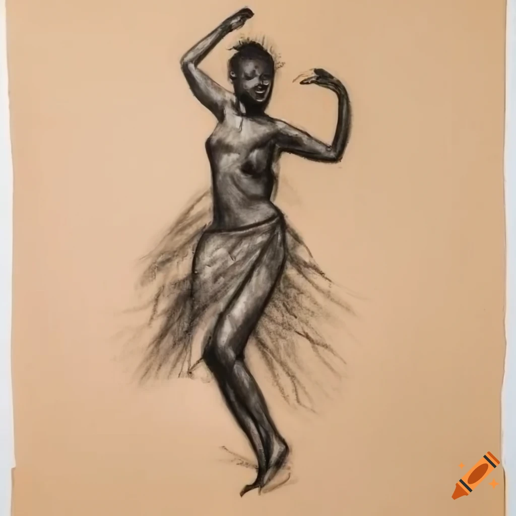 Charcoal drawing of African tribe woman dancing with grace