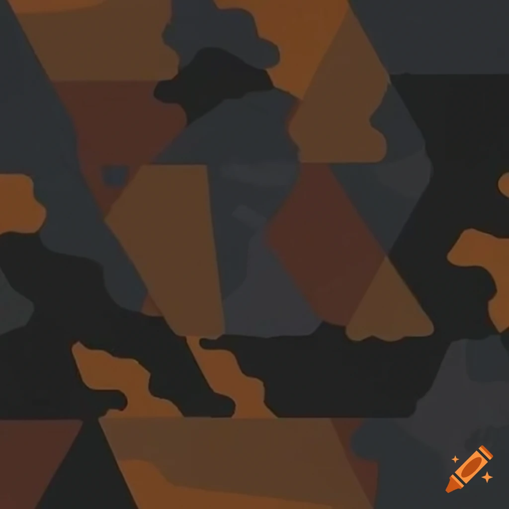 Multicam-style camouflage pattern for Epsilon-11 operatives with dark gray, vibrant orange, and deep black colors