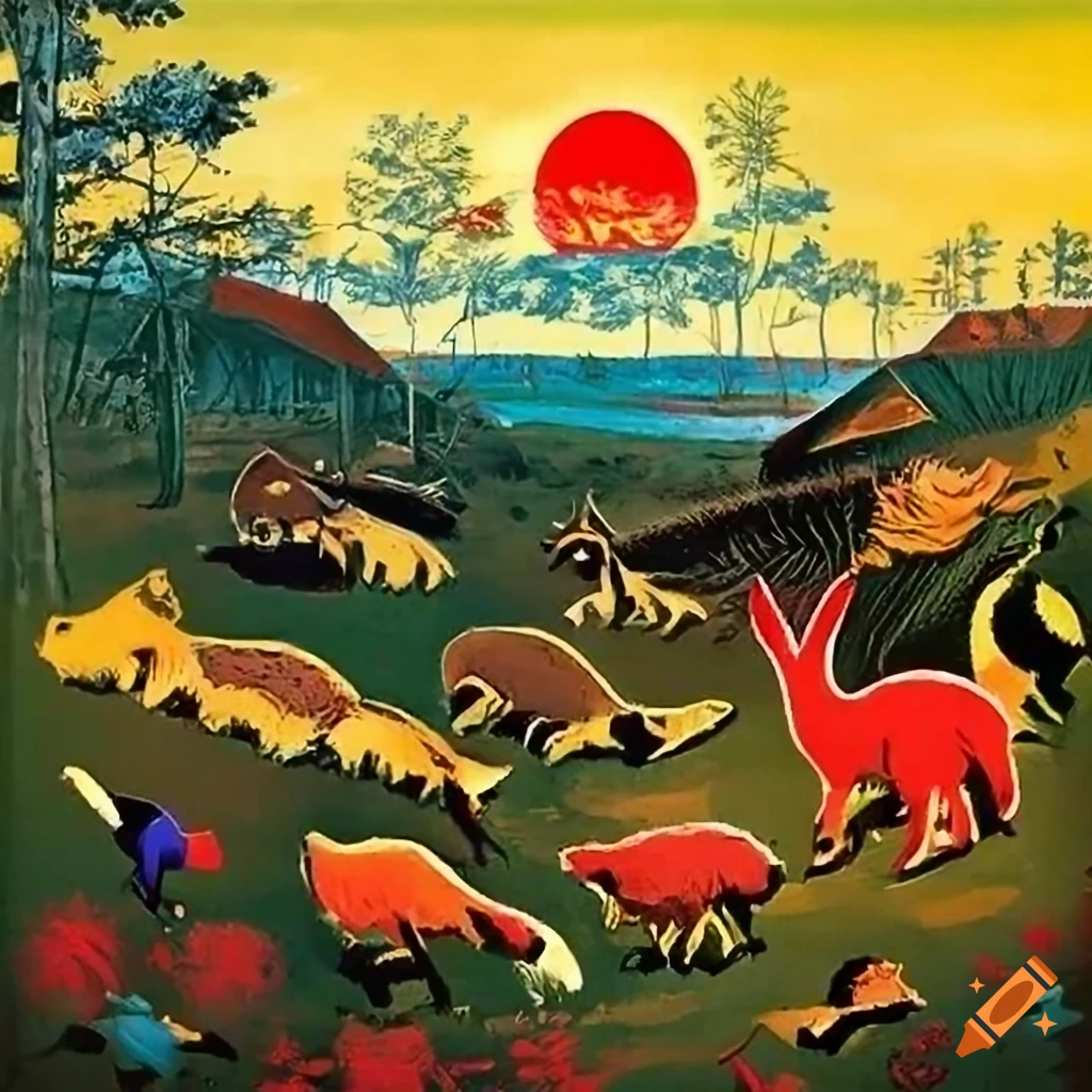 Vintage Soviet farm and wildlife propaganda poster with Norse Runes