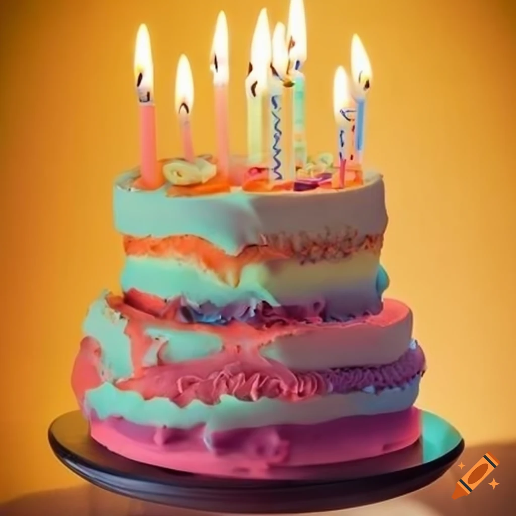 Colorful multi-tiered birthday cake with candles on a clean kitchen table