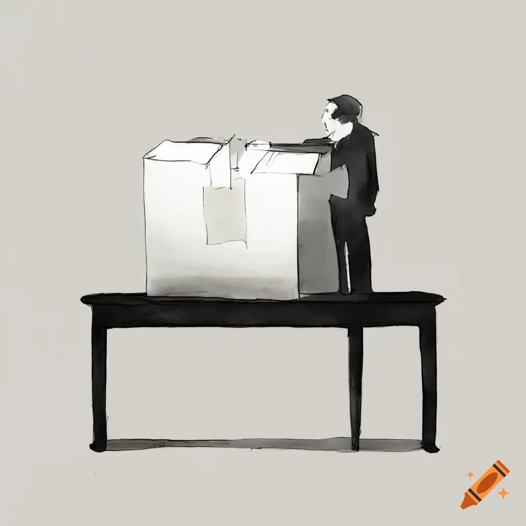 Black and white classroom with tables, a ballot box, and a person handing a paper