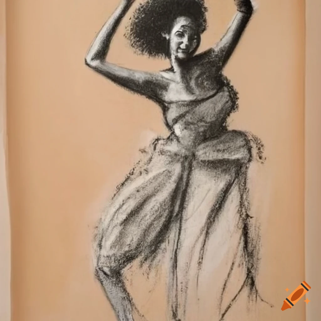 Charcoal drawing of woman dancing from an African tribe on tan paper