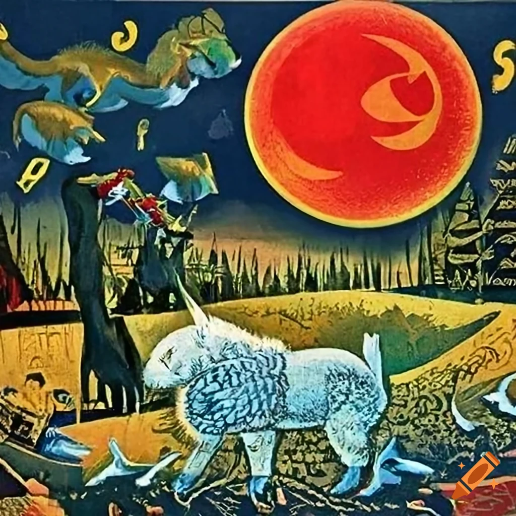 Vintage Soviet farm and wildlife propaganda poster with Norse Runes
