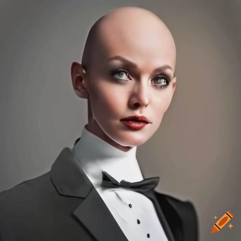 Bald woman in tuxedo
