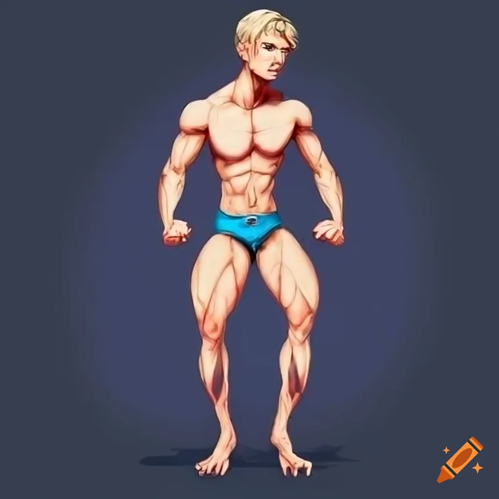 Buff muscular blonde boy with blue eyes and bare chest in digital art