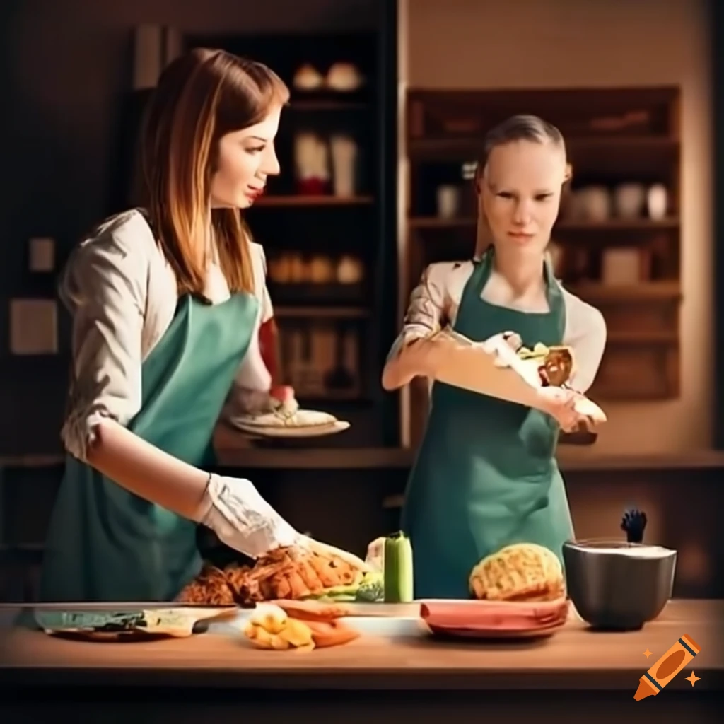 Two women working as food servers in a house