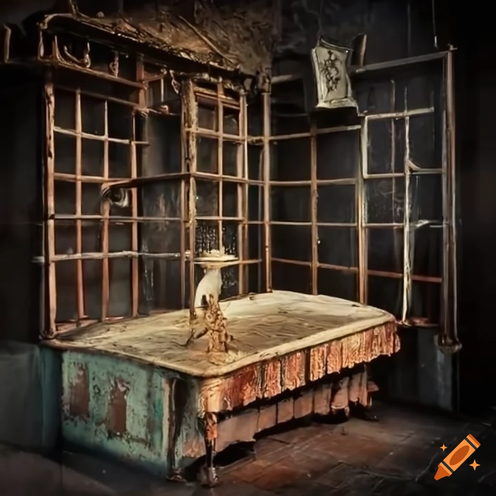 Prison cell decor inside a cube with rusty shower, cot, and diver mask