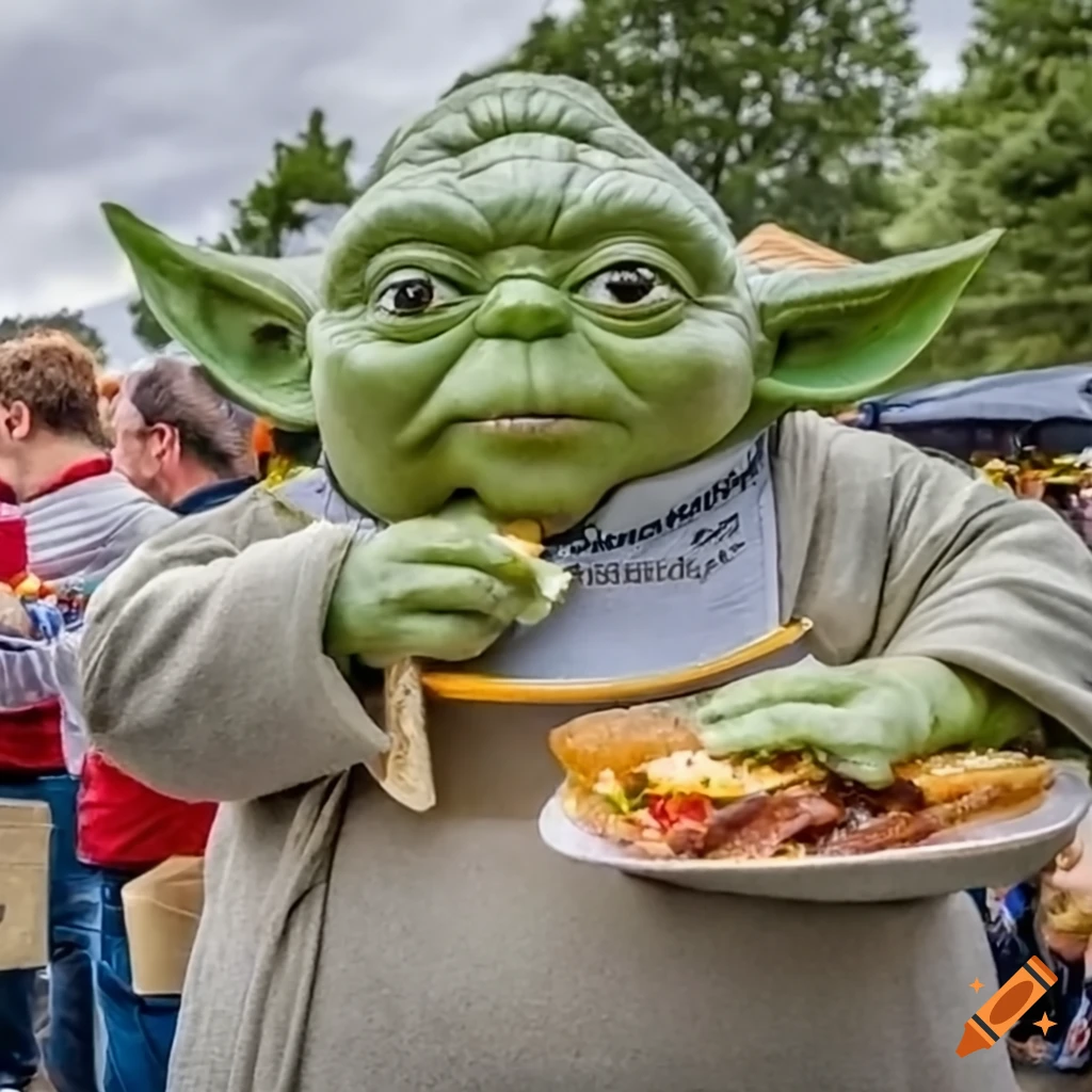 Yoda eating hamburgers in an eating contest outdoor close up