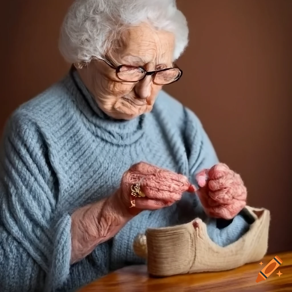 Grandma knitting a bag