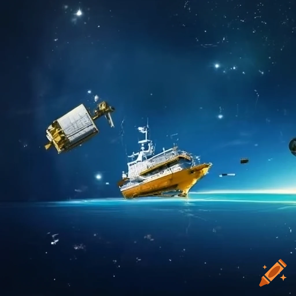 Ocean research vessel and satellite in peaceful coexistence