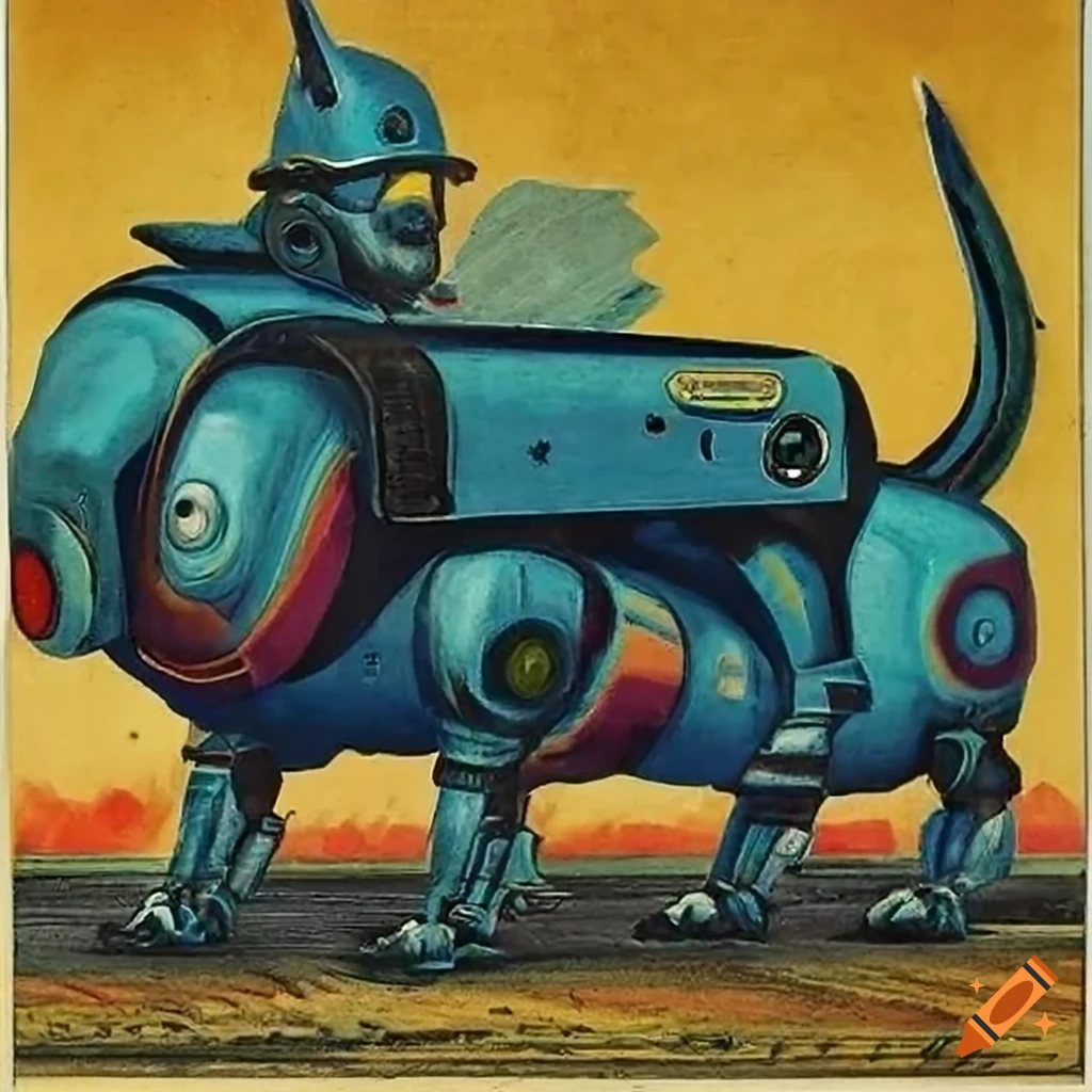Vintage Tarot Card with a German spy riding an electric dachshund robot in a surreal setting