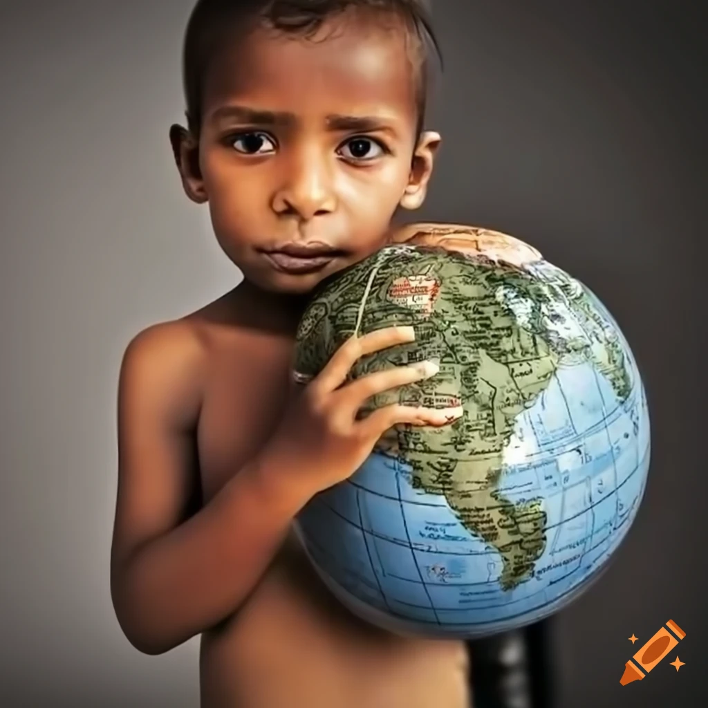 Child holding a cane with dollar symbol on a globe of gold