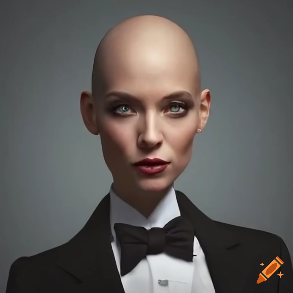 Bald woman in a tuxedo