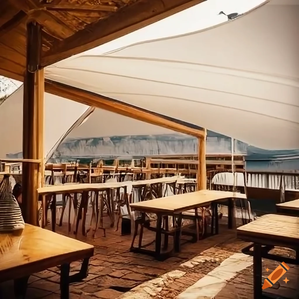 Restaurant terrace with wooden structure and white shade sails