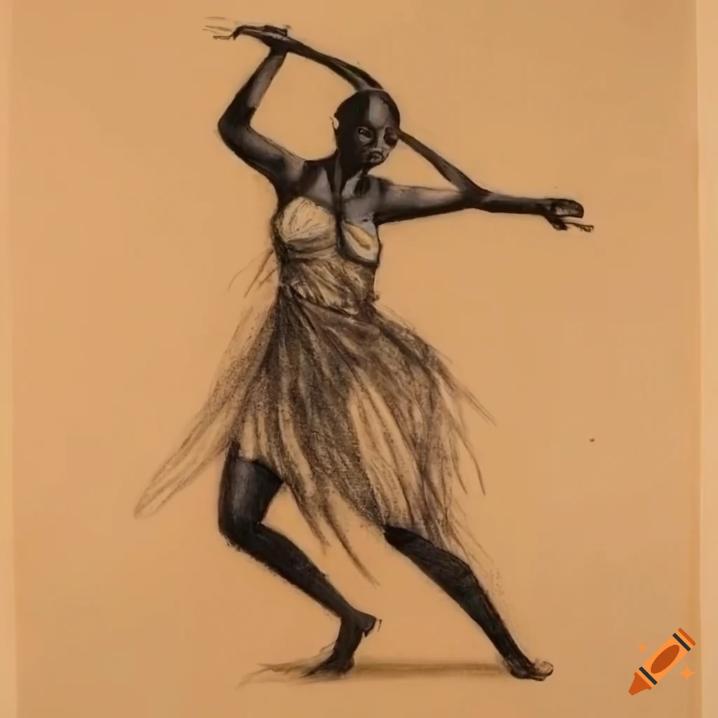 Charcoal drawing of African tribe woman dancing with grace