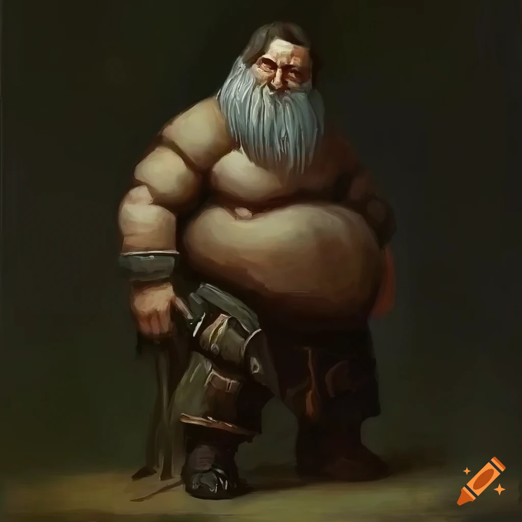 Obese dwarf man with a large belly and long beard in modern clothes, fantasy oil painting