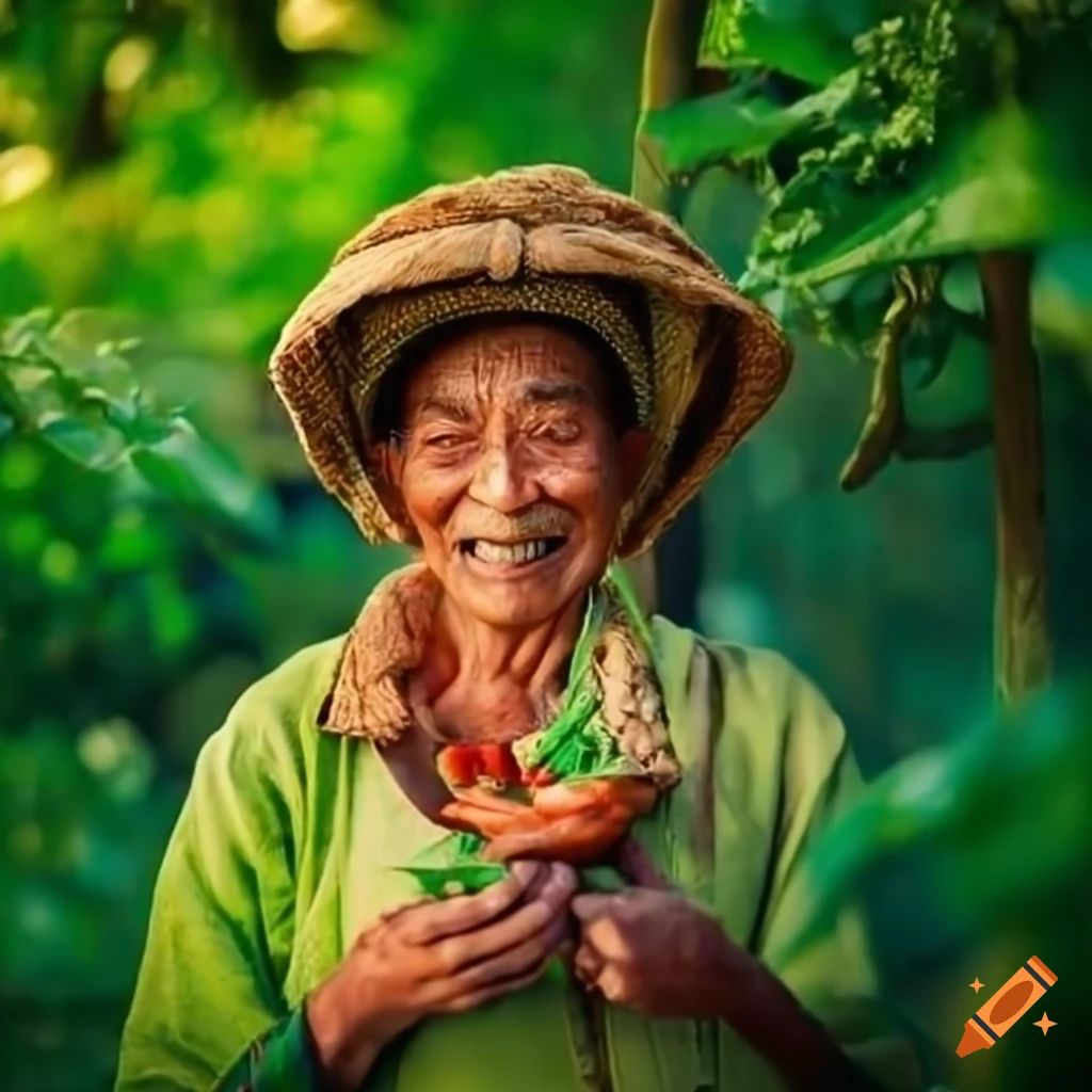 Rustic villager working in a lush vegetable garden in traditional garments
