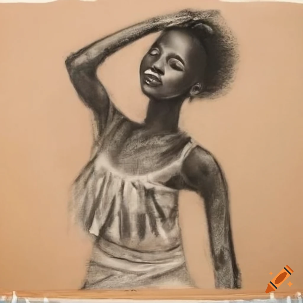 Charcoal drawing of woman dancing from an African tribe on tan paper