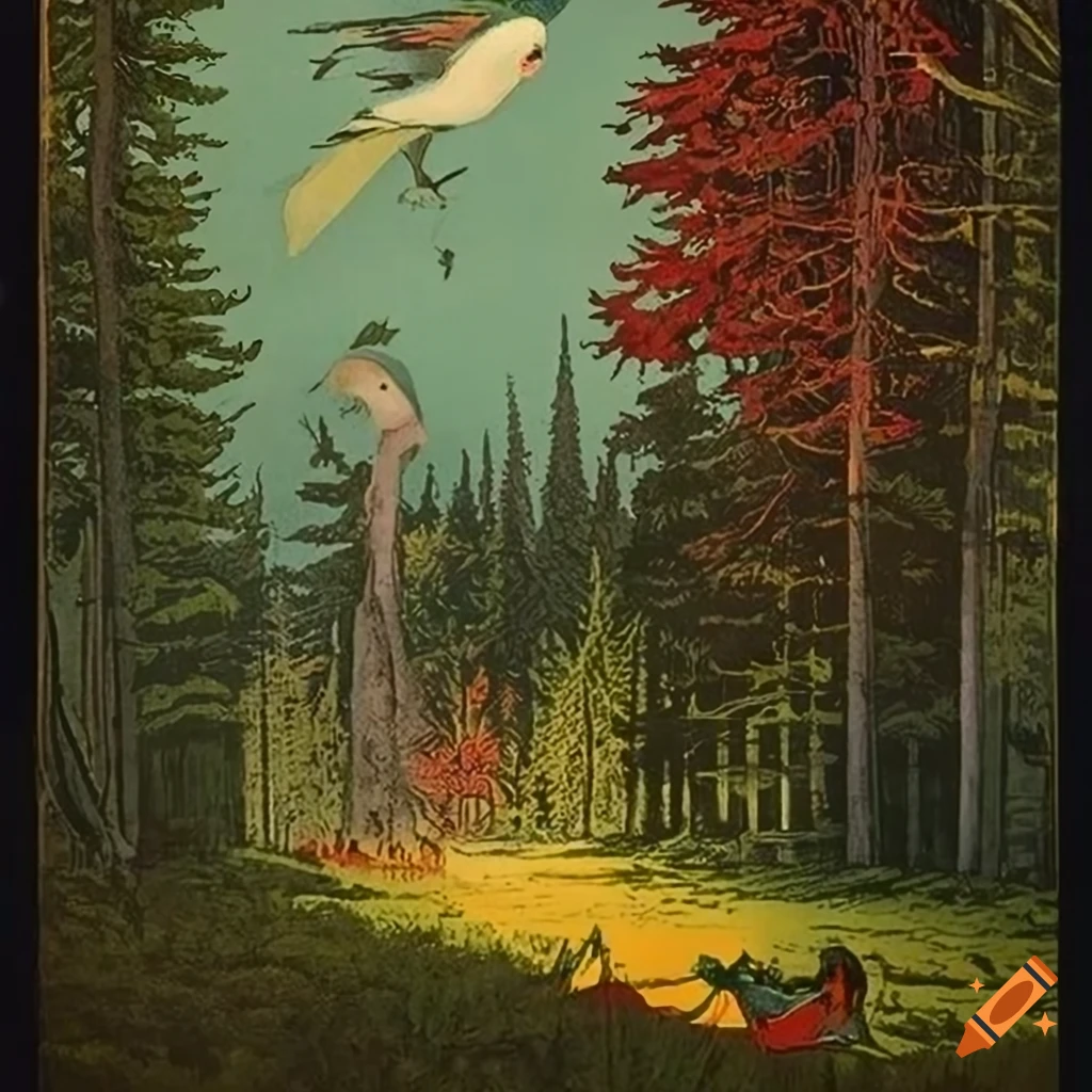 Vintage Soviet propaganda poster with avian forest scene in combined artistic styles