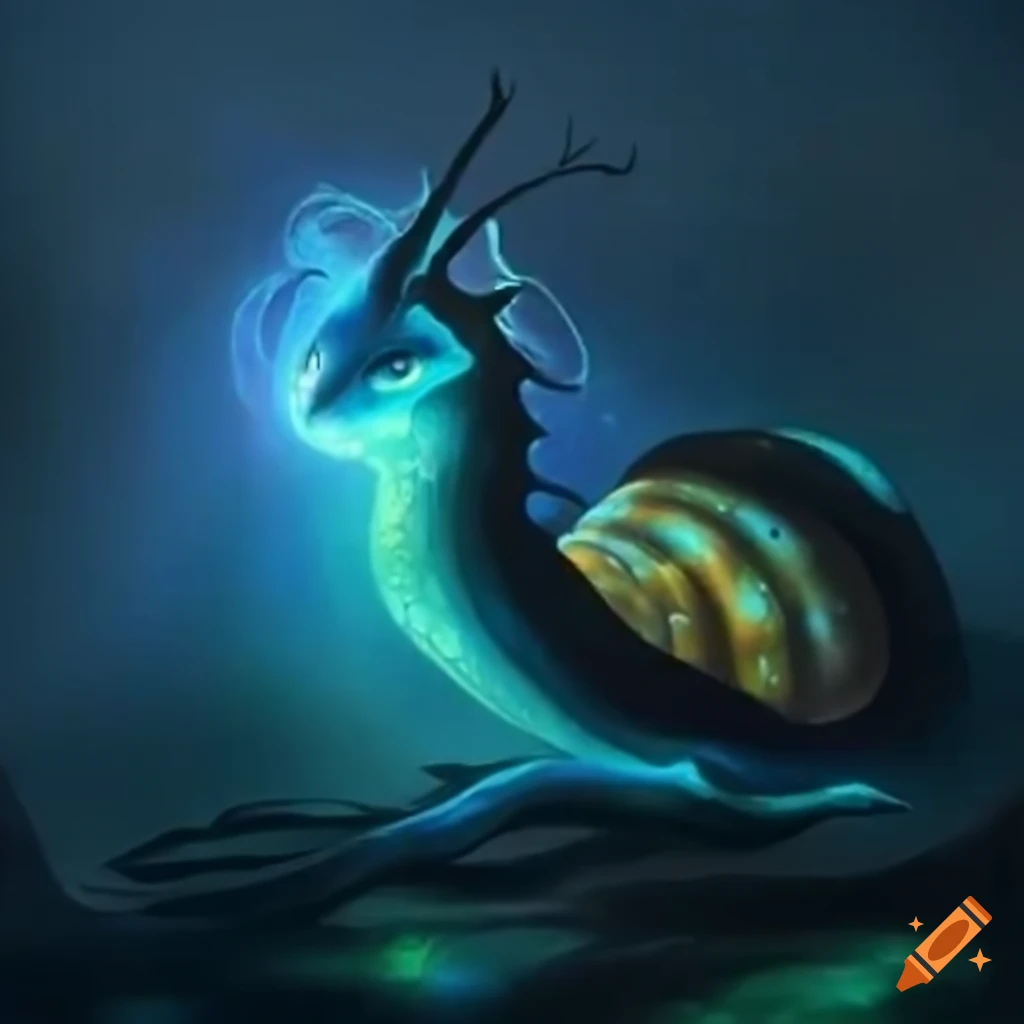 Hybrid creature of a shell-less sea snail and a dragon with bioluminescent traits in a fantasy world