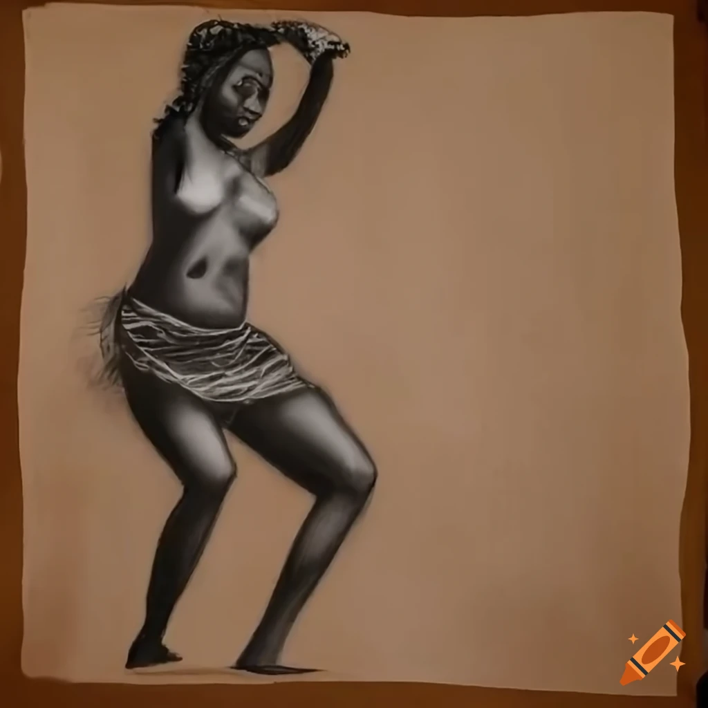 Charcoal drawing of African tribe woman dancing with grace