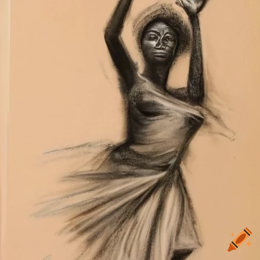 Charcoal drawing of woman dancing from an African tribe on tan paper