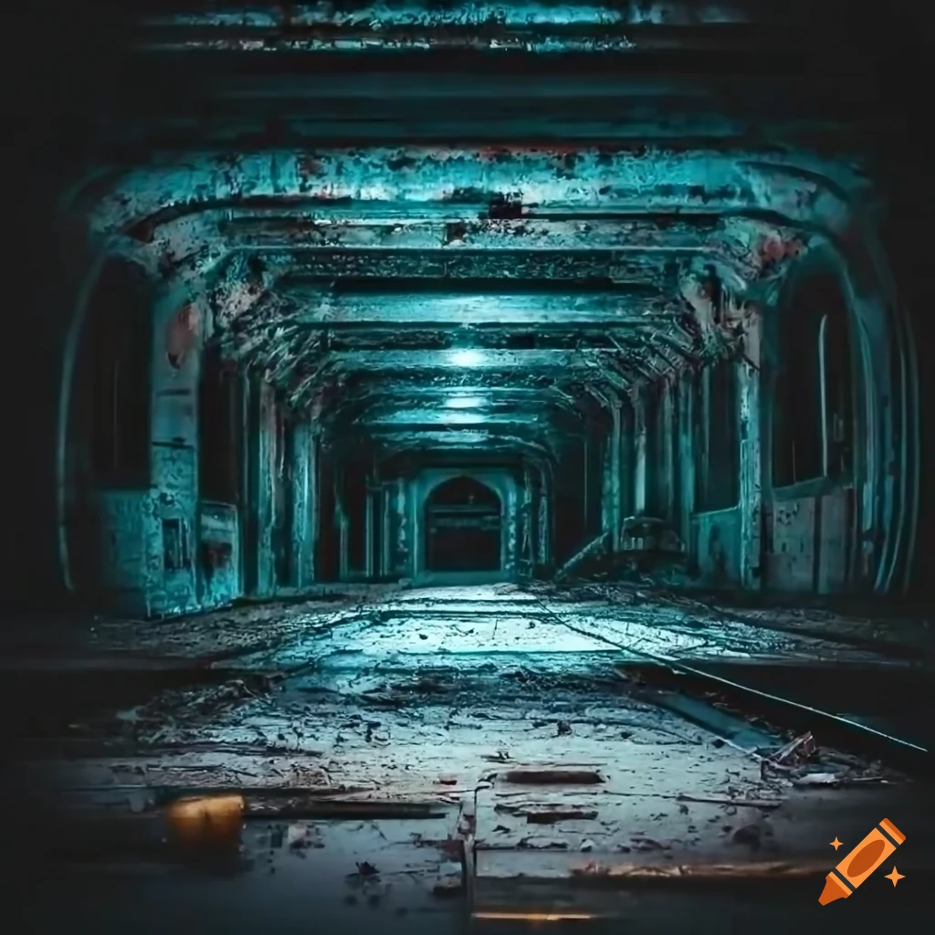 Spooky abandoned subway depot with eerie lighting and purple hue