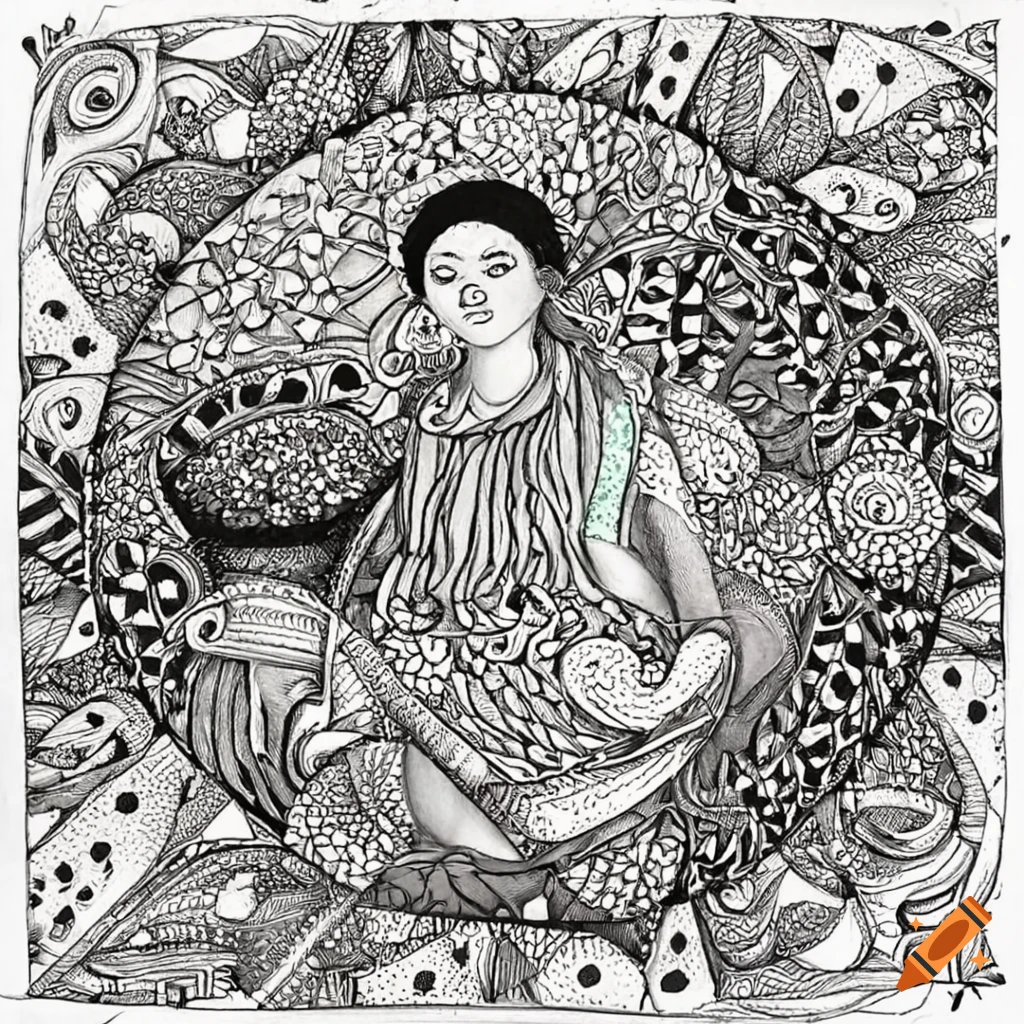 Detailed zentangle art of vibrant tea gardens and farmers at work
