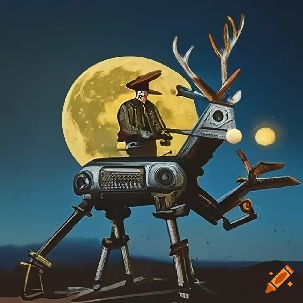 Vintage Tarot Card with a western spy riding an electric iron deer robot under a cheese-moon