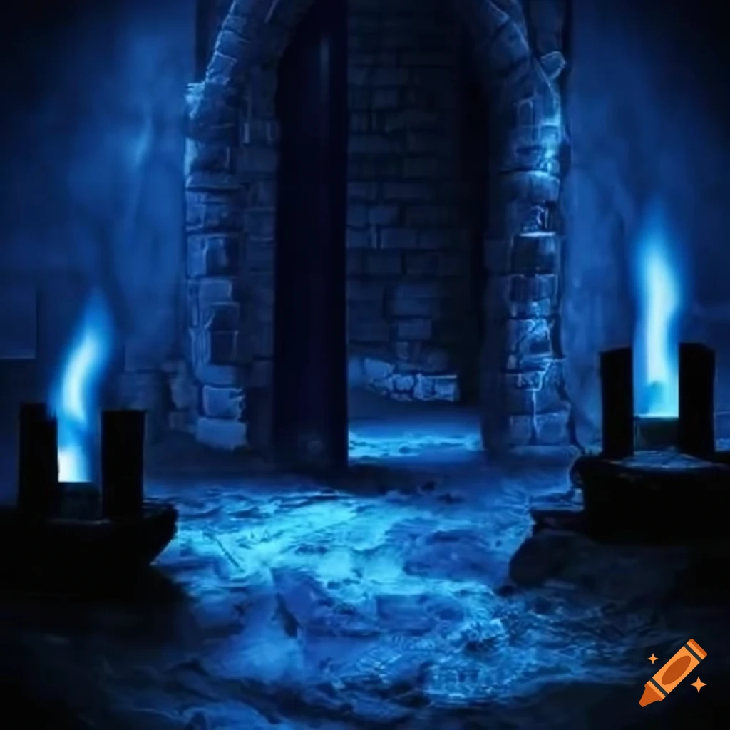 Dungeon lair entrance with torches and blue flame candles