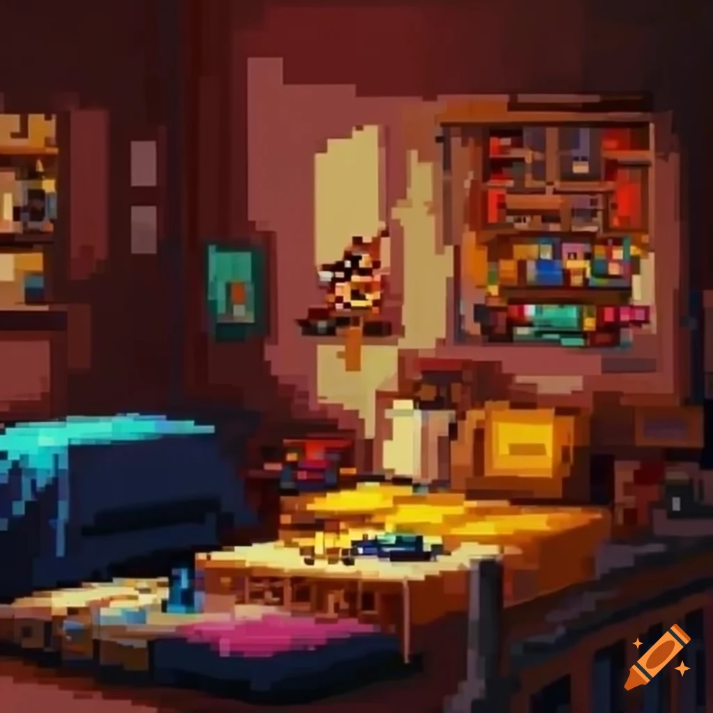 Realistic pixel art oil painting of a retro Nintendo 64 in an otaku bedroom